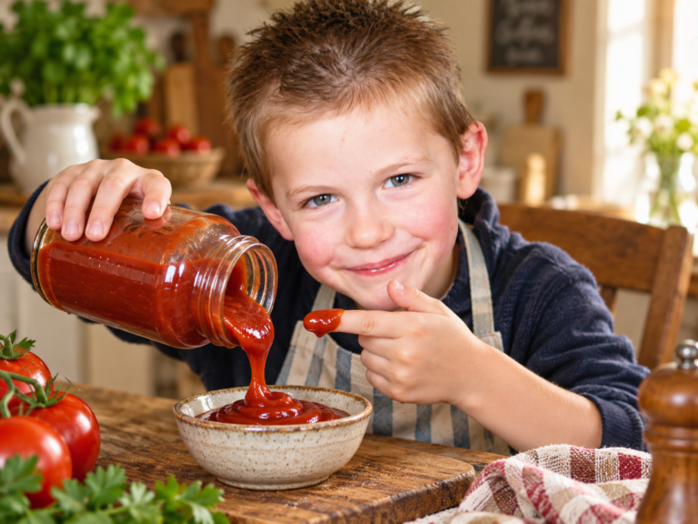 Un ketchup maison simple et rapide, préparé avec tomate, vinaigre, sucre et une touche de piccalilli, au Thermomix ou à la casserole.